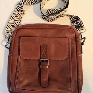 Distressed Brown Leather Crossbody Bag with $$$$Joy Susan Patterned Strap- boho